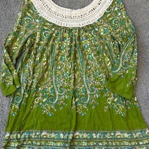 Anthropology Meadow Rue Green and Blue Paisley Top